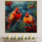 Christmas Cardinals on Pine Branch – Festive Red Birds with Ornaments in a Vibrant Winter Scene Painting Perfect for Seasonal and Nature-Inspired Displays on Ready to Hang 1.5" Thick Canvas Wrap, Floating Framed Canvas, Flat Rolled Canvas